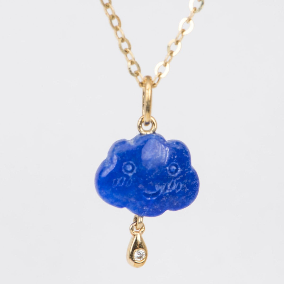 Hand Carved Lapis Lazuli Cloud with Diamond Lightning Pendant Charm 9K Gold R4269 Aurora Designer