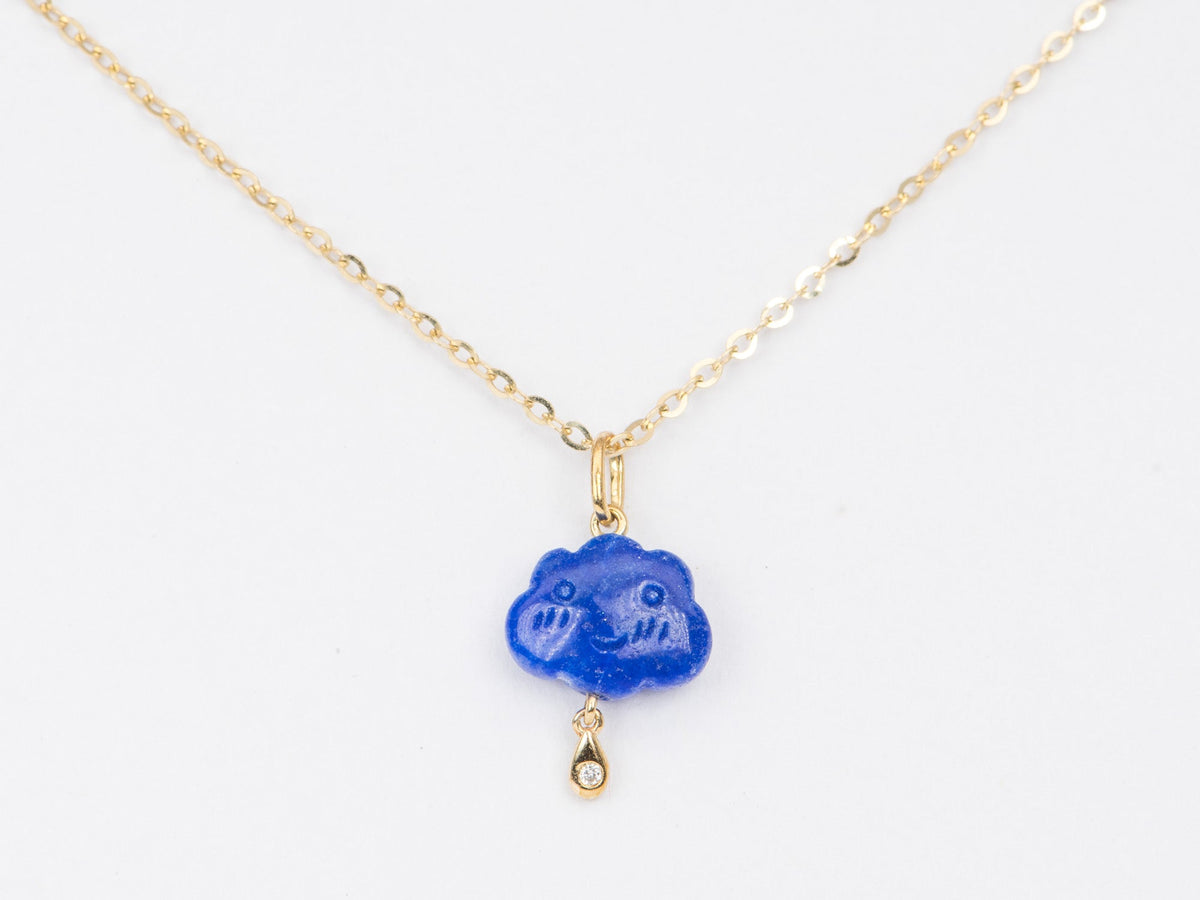Hand Carved Lapis Lazuli Cloud with Diamond Lightning Pendant Charm 9K Gold R4269 Aurora Designer