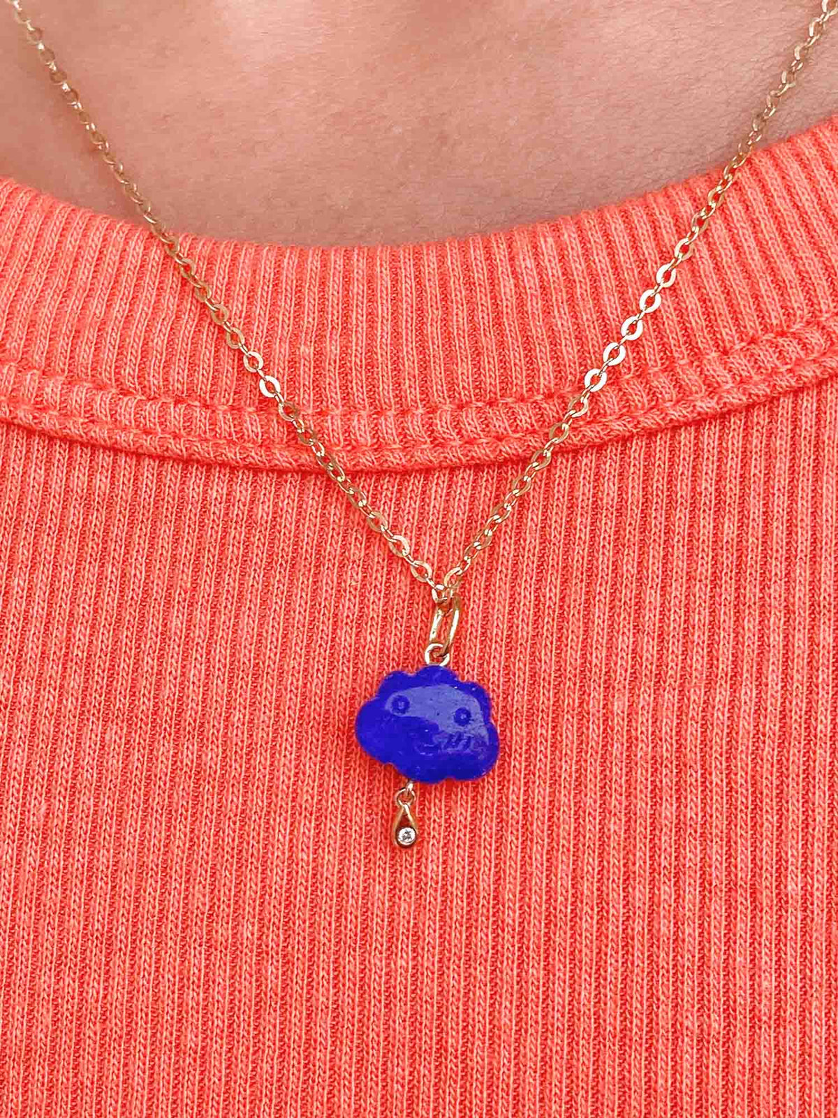 Hand Carved Lapis Lazuli Cloud with Diamond Lightning Pendant Charm 9K Gold R4269 Aurora Designer