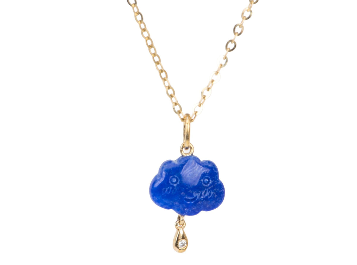 Hand Carved Lapis Lazuli Cloud with Diamond Lightning Pendant Charm 9K Gold R4269 Aurora Designer