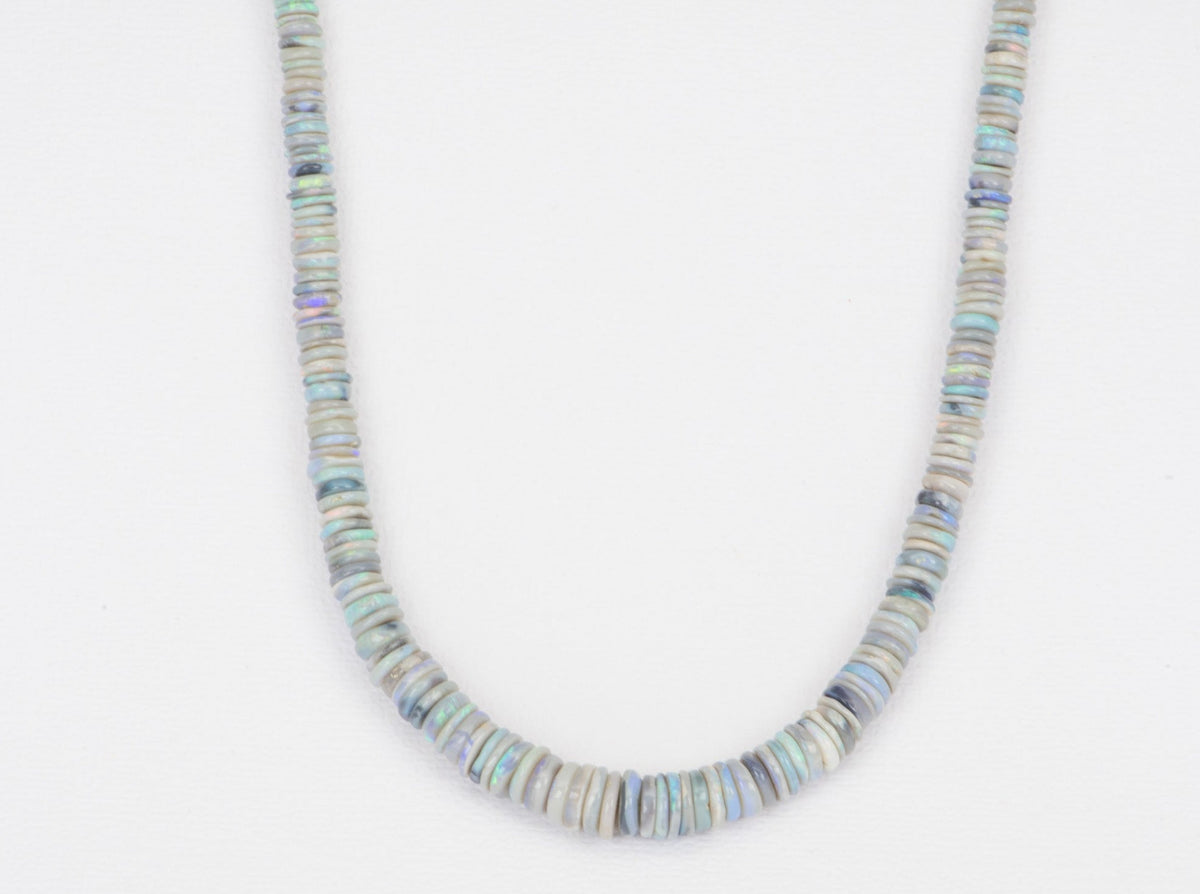 Solid Australian Black Opal Heishi Bead Necklace with 14K Gold Push Gate Oval Clasp R4288 Aurora Designer