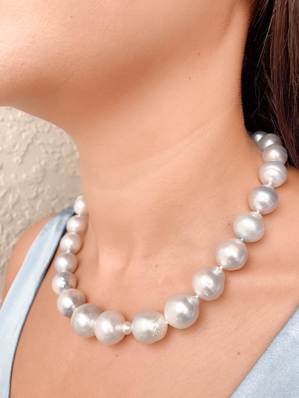 12-16mm South Sea Baroque Pearl Hand Knotted Necklace with 14K White Gold Clasp R4327 Aurora Designer