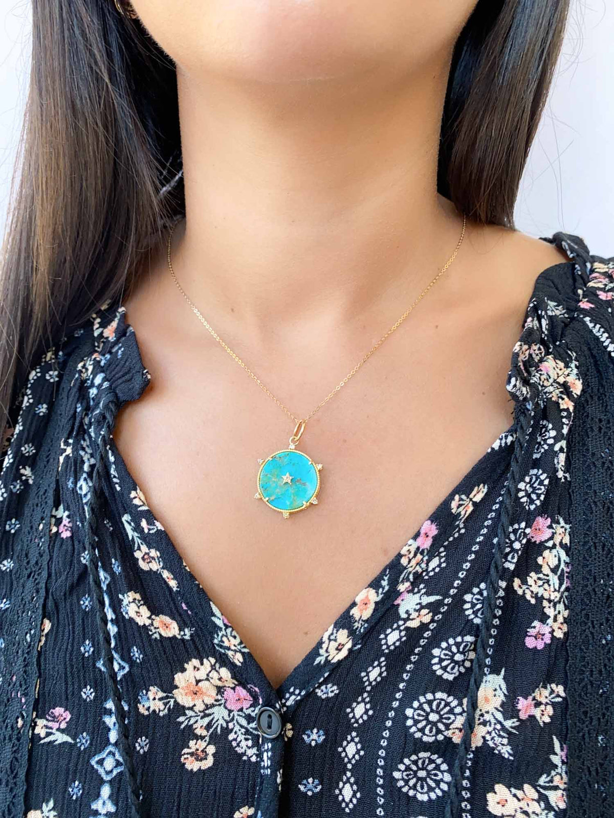 Diamond and Stars Pendant with Natural Turquoise Backing 14K Gold R4344 Aurora Designer