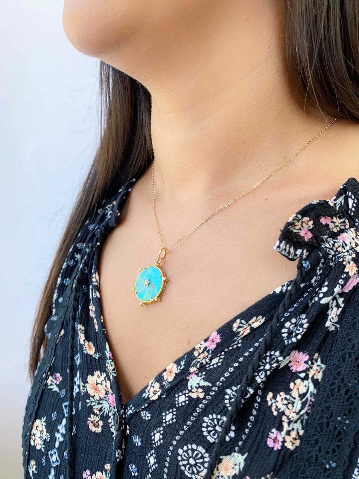 Diamond and Stars Pendant with Natural Turquoise Backing 14K Gold R4344 Aurora Designer
