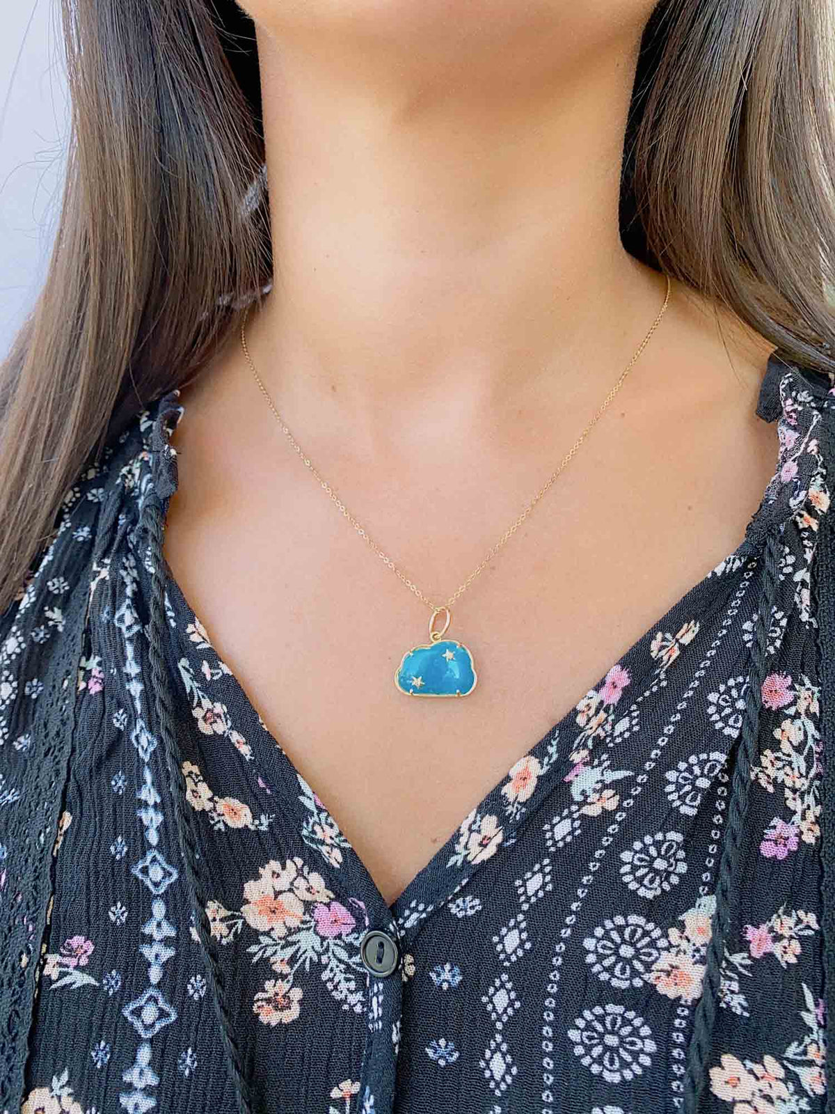 Smithsonite Blue Cloud with Diamond Stars Pendant 14K Gold R4349 Aurora Designer