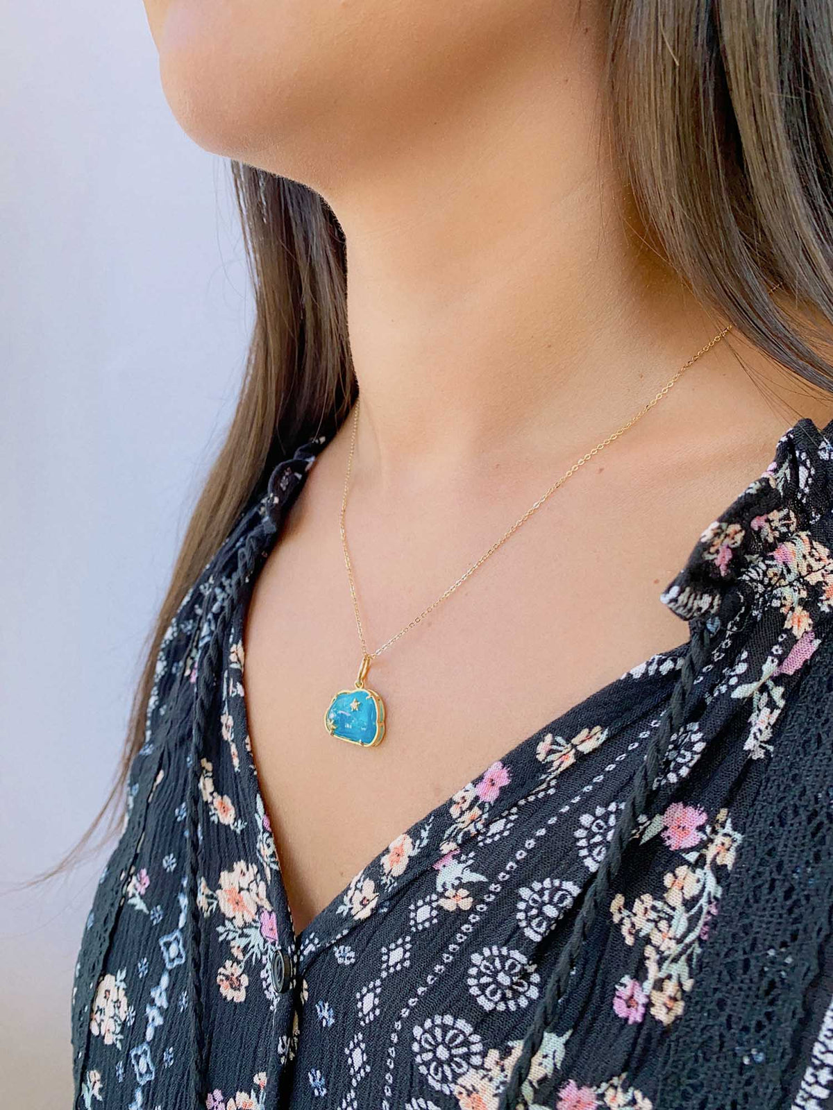 Smithsonite Blue Cloud with Diamond Stars Pendant 14K Gold R4349 Aurora Designer