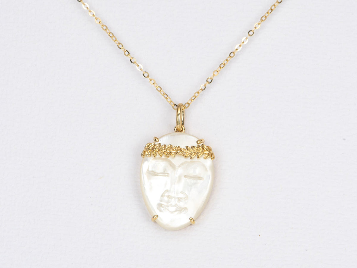 Carved Mother of Pearl Face with Olive Branch Crown 9K Gold Pendant Charm R4361 Aurora Designer