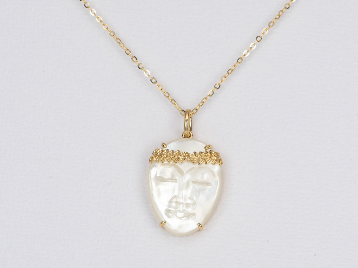 Carved Mother of Pearl Face with Olive Branch Crown 9K Gold Pendant Charm R4361 Aurora Designer