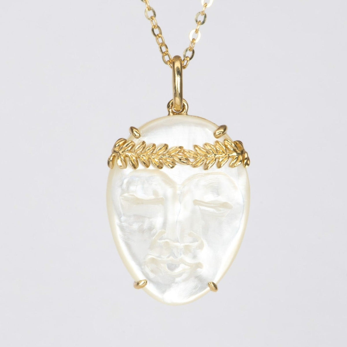 Carved Mother of Pearl Face with Olive Branch Crown 9K Gold Pendant Charm R4361 Aurora Designer