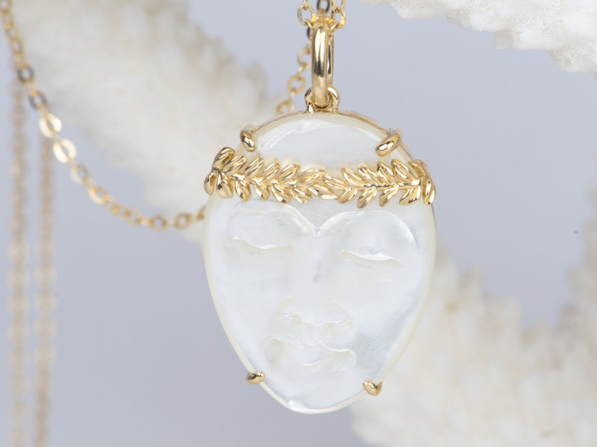 Carved Mother of Pearl Face with Olive Branch Crown 9K Gold Pendant Charm R4361 Aurora Designer