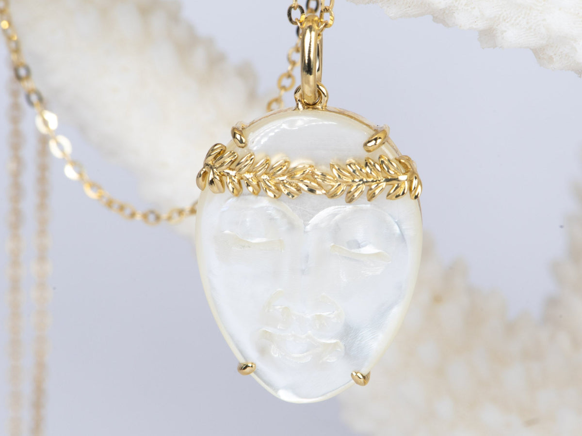 Carved Mother of Pearl Face with Olive Branch Crown 9K Gold Pendant Charm R4361 Aurora Designer