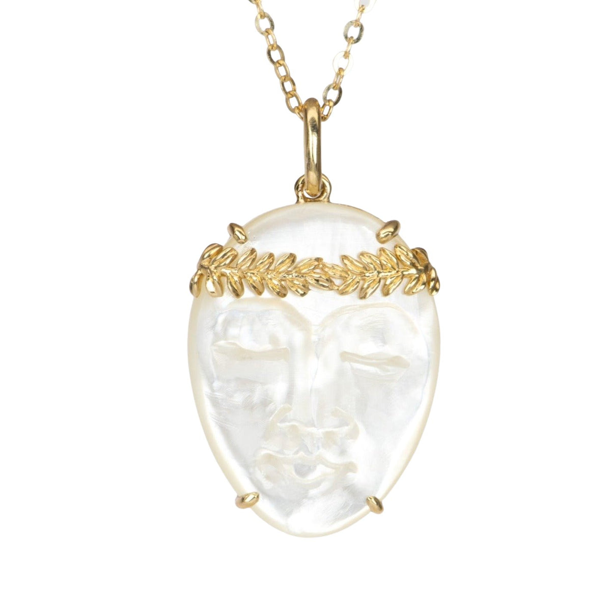 Carved Mother of Pearl Face with Olive Branch Crown 9K Gold Pendant Charm R4361 Aurora Designer