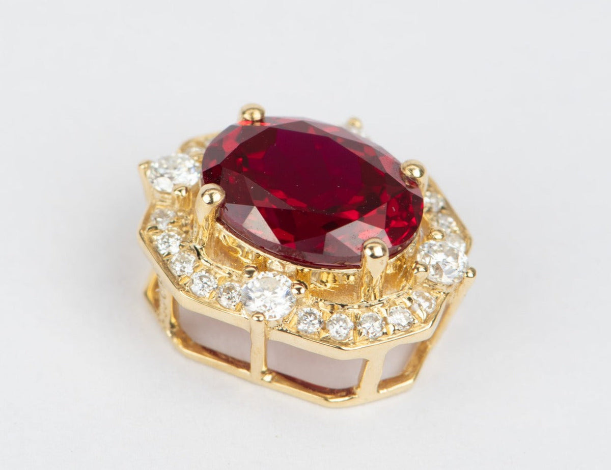 2.1ct Lab Ruby with Moissanite Halo Pendant Charm 18K Gold Pigeon Blood Red Gemstone OOAK R4363 Aurora Designer
