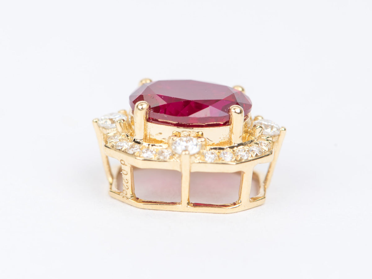 2.1ct Lab Ruby with Moissanite Halo Pendant Charm 18K Gold Pigeon Blood Red Gemstone OOAK R4363 Aurora Designer