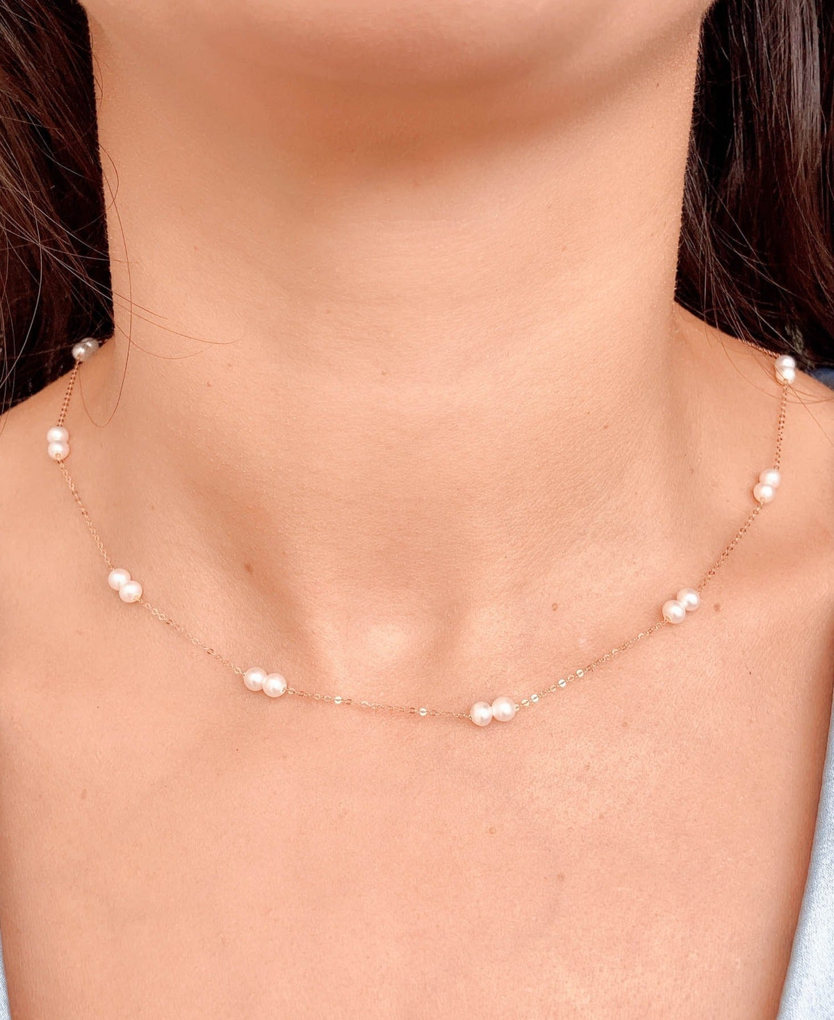 Double Pearl Station Necklace on Dainty 18K Rose Gold Chain R4366 Aurora Designer