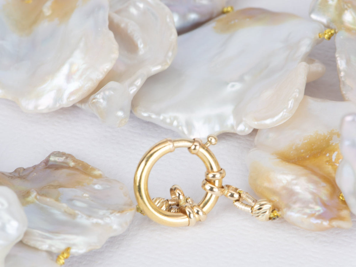 Large Petal Pearl Necklace 14K Gold Sailor Clasp R4371 Aurora Designer