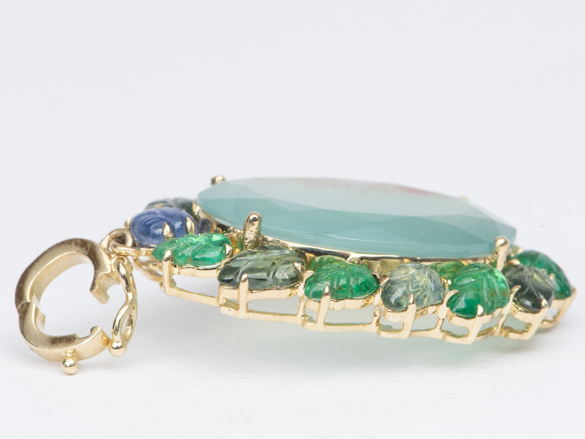 Statement Pendant Aquaprase with Emerald and Sapphire Carved Leaves 9K Gold R4375 Aurora Designer
