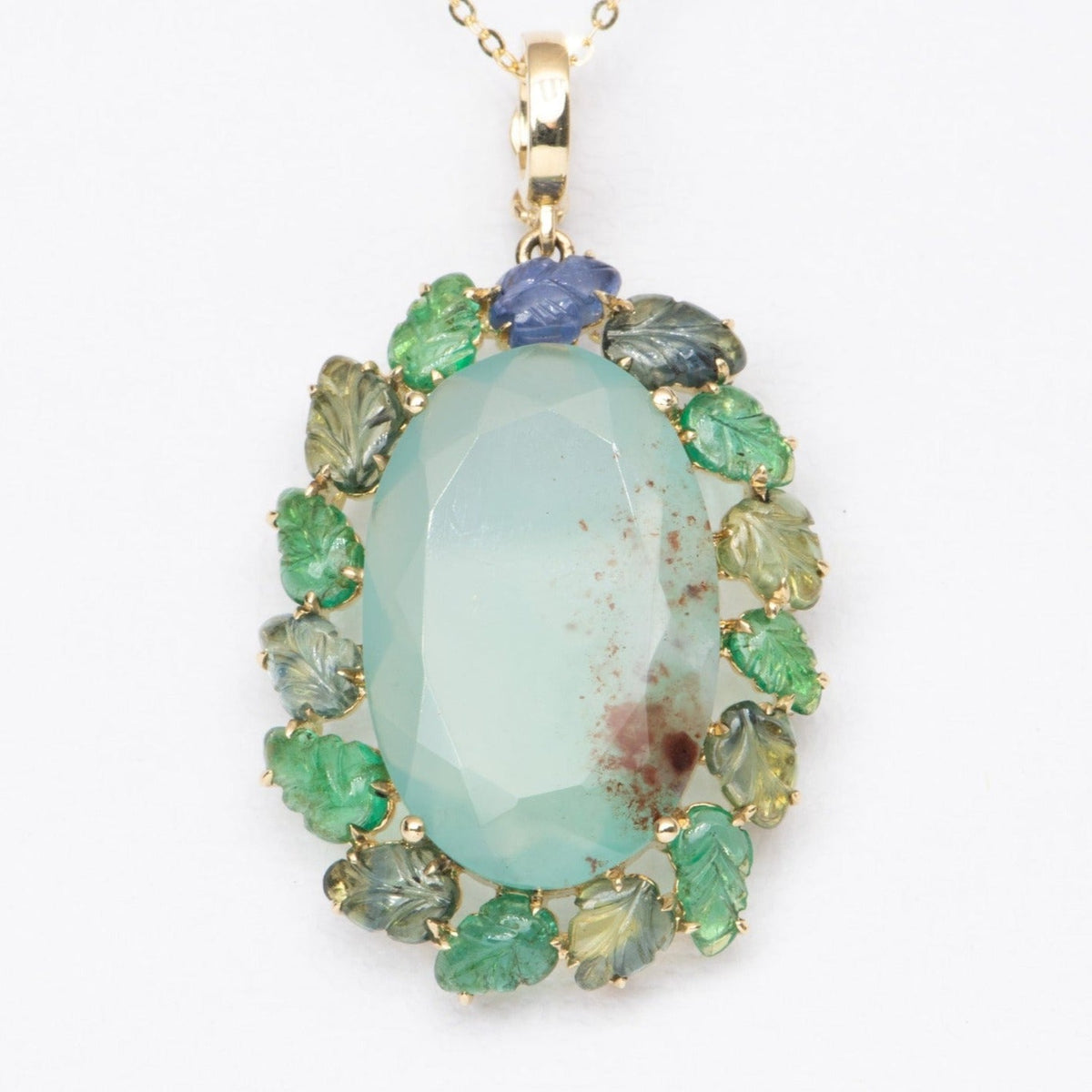 Statement Pendant Aquaprase with Emerald and Sapphire Carved Leaves 9K Gold R4375 Aurora Designer