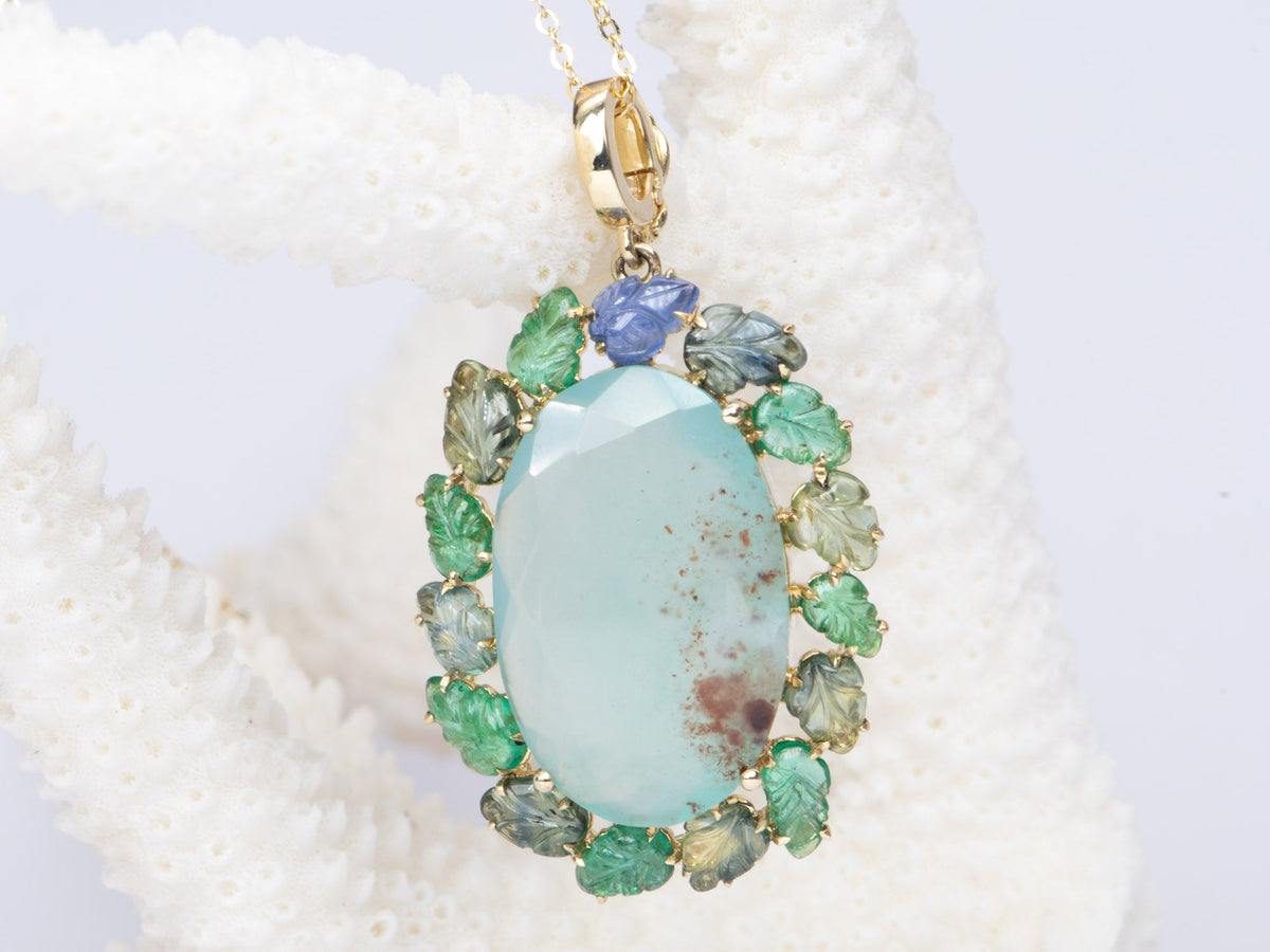 Statement Pendant Aquaprase with Emerald and Sapphire Carved Leaves 9K Gold R4375 Aurora Designer