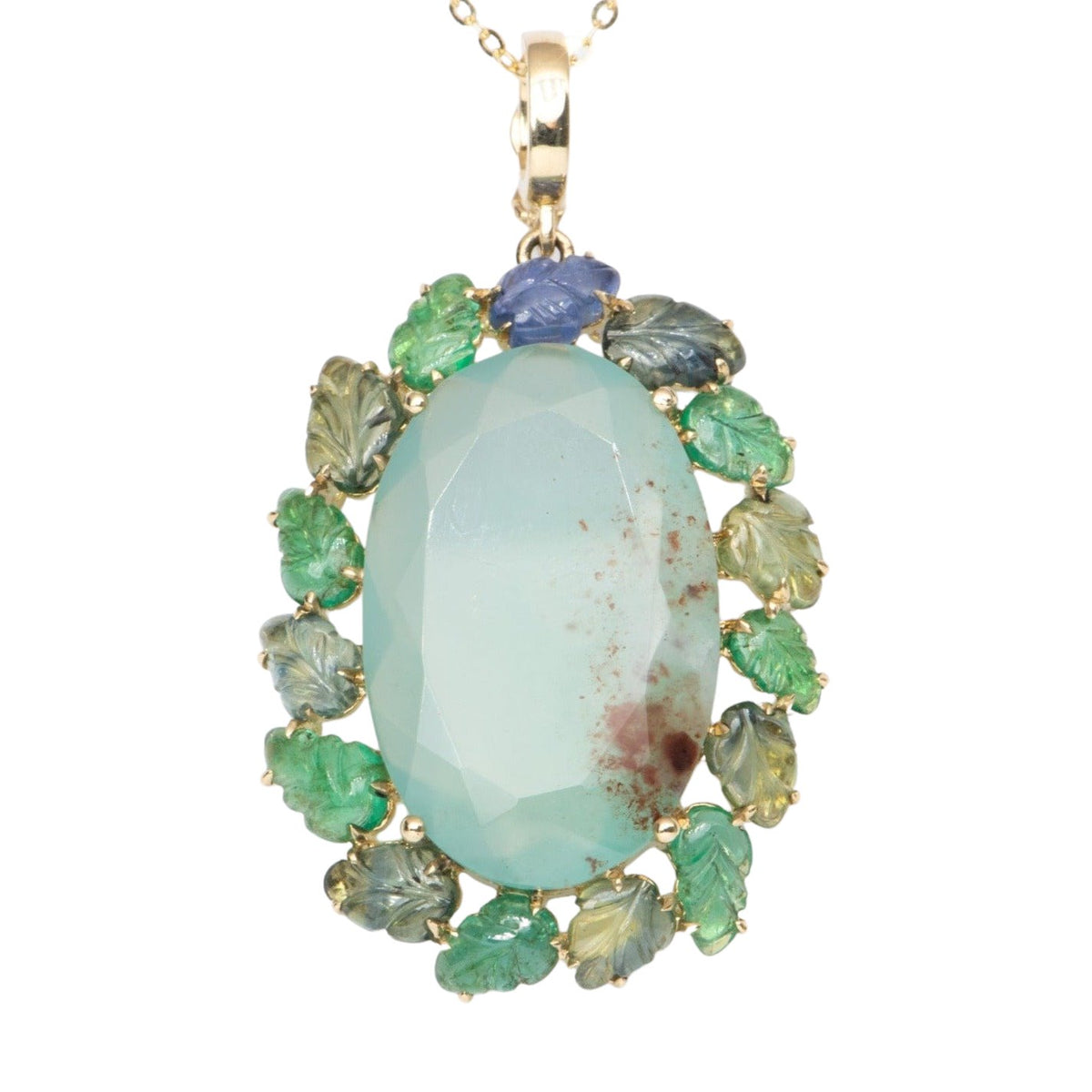Statement Pendant Aquaprase with Emerald and Sapphire Carved Leaves 9K Gold R4375 Aurora Designer