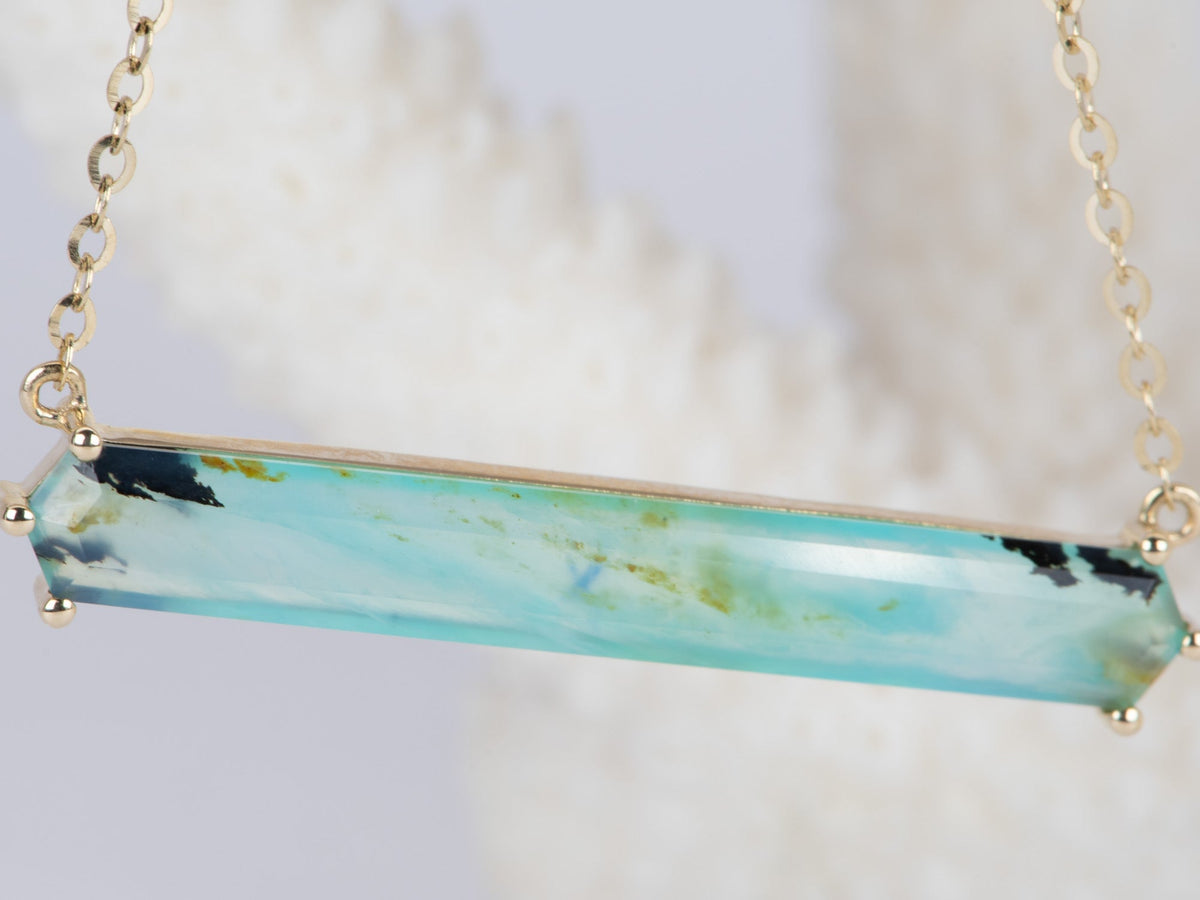 3.07ct Elongated Hexagon Peruvian Blue Opal Necklace 14K Gold R4397 Aurora Designer