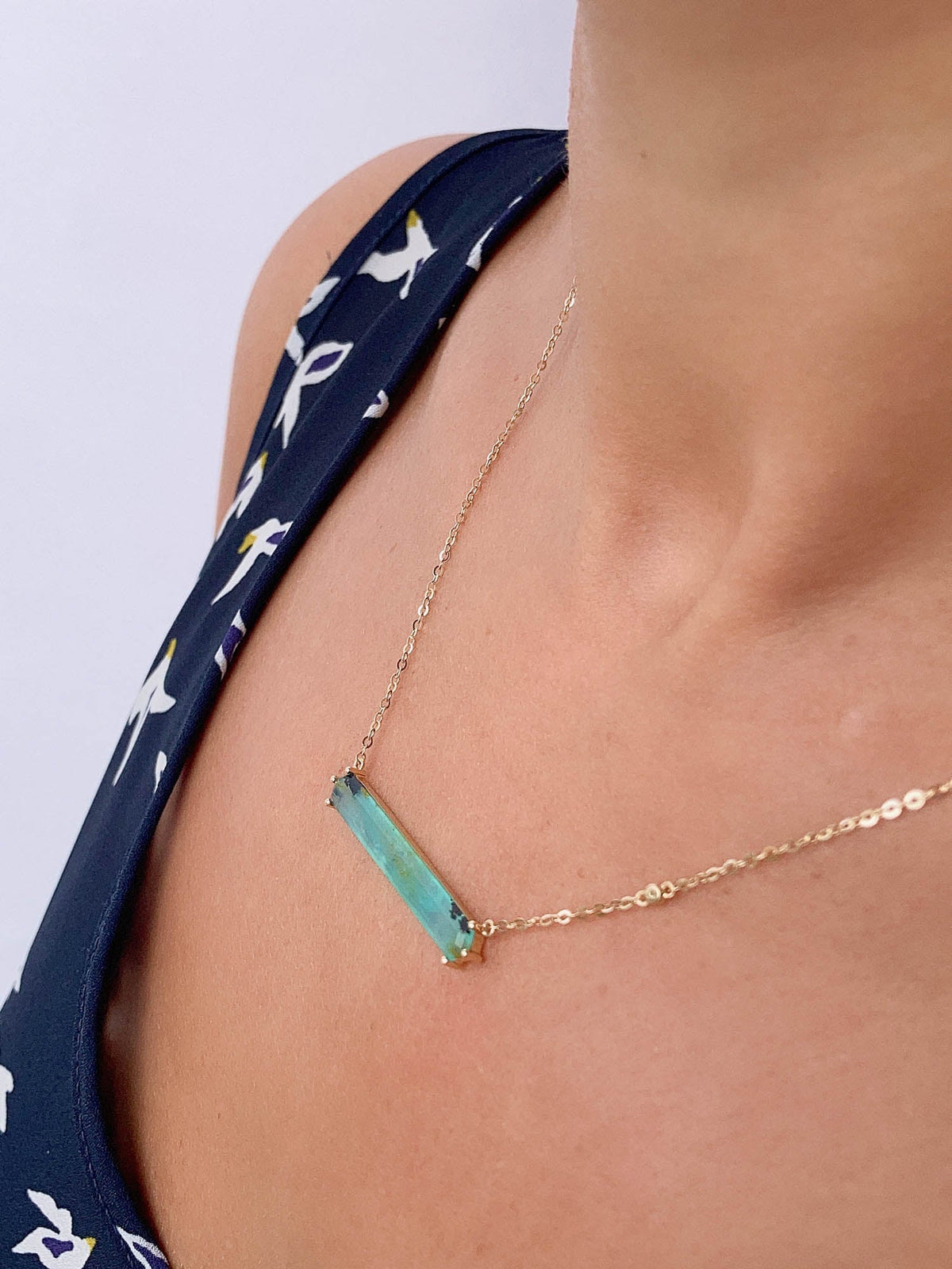 3.07ct Elongated Hexagon Peruvian Blue Opal Necklace 14K Gold R4397 Aurora Designer