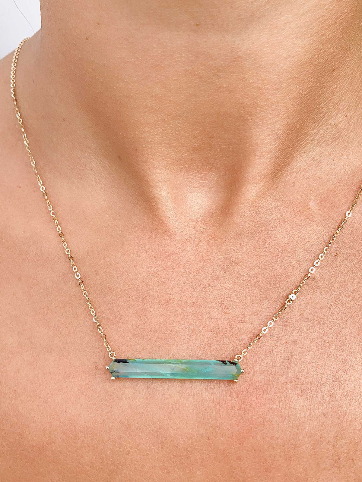 3.07ct Elongated Hexagon Peruvian Blue Opal Necklace 14K Gold R4397 Aurora Designer