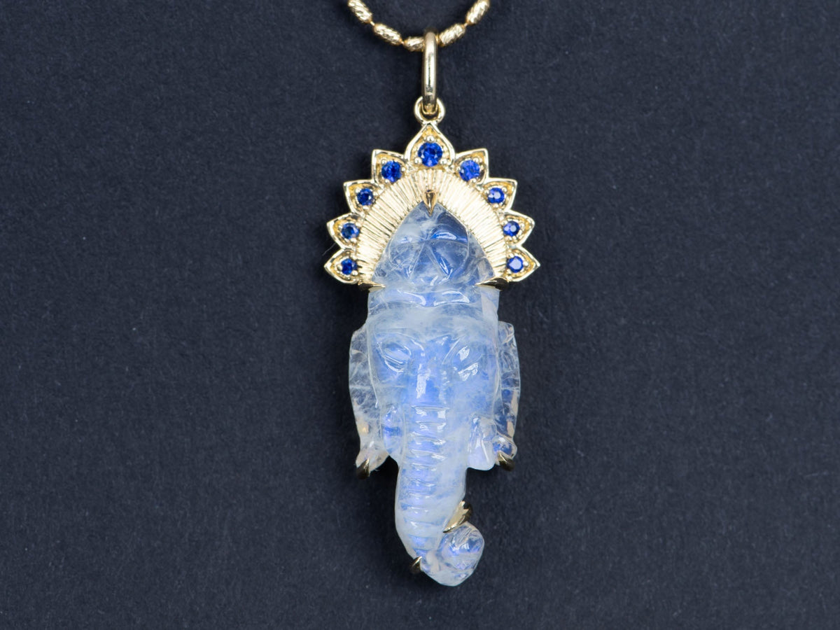 Rainbow Moonstone Carving Ganesha Statement Pendant 9K Gold R4399 Aurora Designer