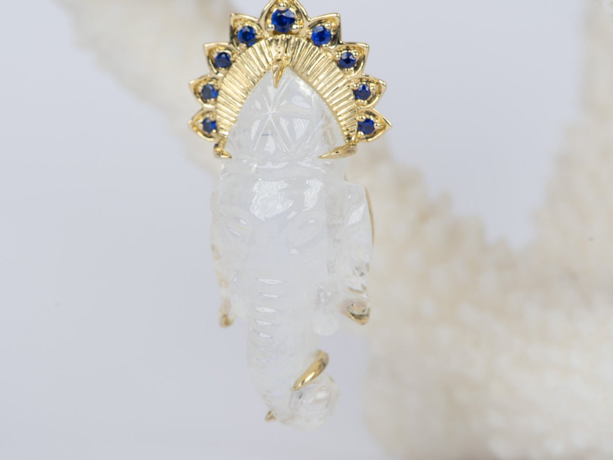Rainbow Moonstone Carving Ganesha Statement Pendant 9K Gold R4399 Aurora Designer