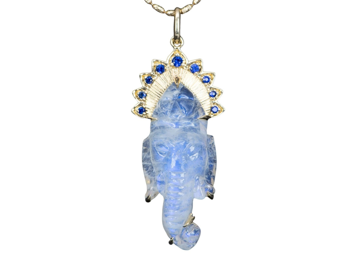 Rainbow Moonstone Carving Ganesha Statement Pendant 9K Gold R4399 Aurora Designer