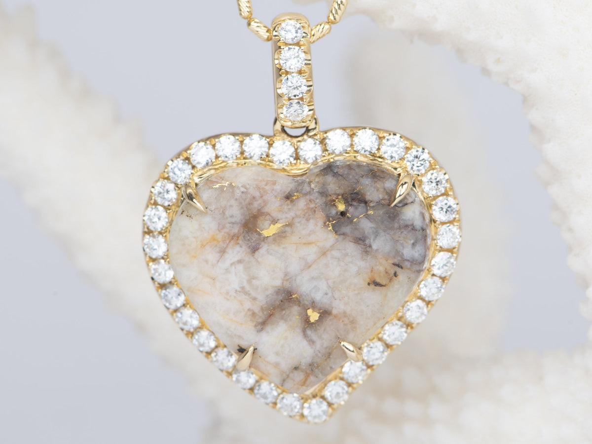13.8ct Natural Gold in Quartz Heart Pendant with 1.2ct Lab Diamond Halo 14K Gold R4400 Aurora Designer