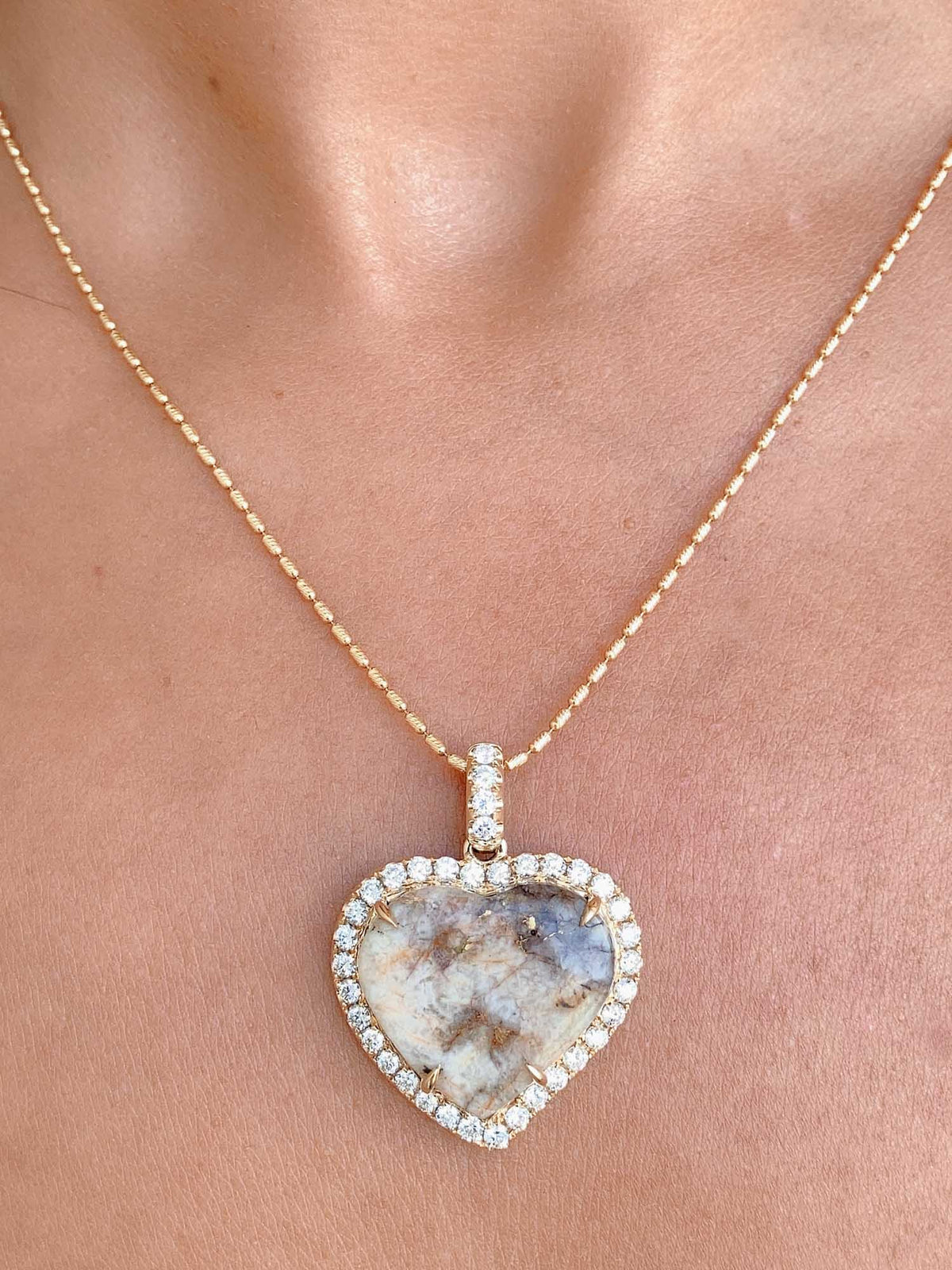 13.8ct Natural Gold in Quartz Heart Pendant with 1.2ct Lab Diamond Halo 14K Gold R4400 Aurora Designer
