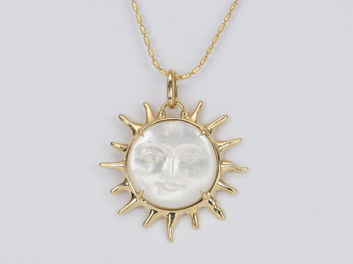 Large Mother of Pearl Carved Face with Sunray Golden Halo Pendant 9K Gold R4403 Aurora Designer