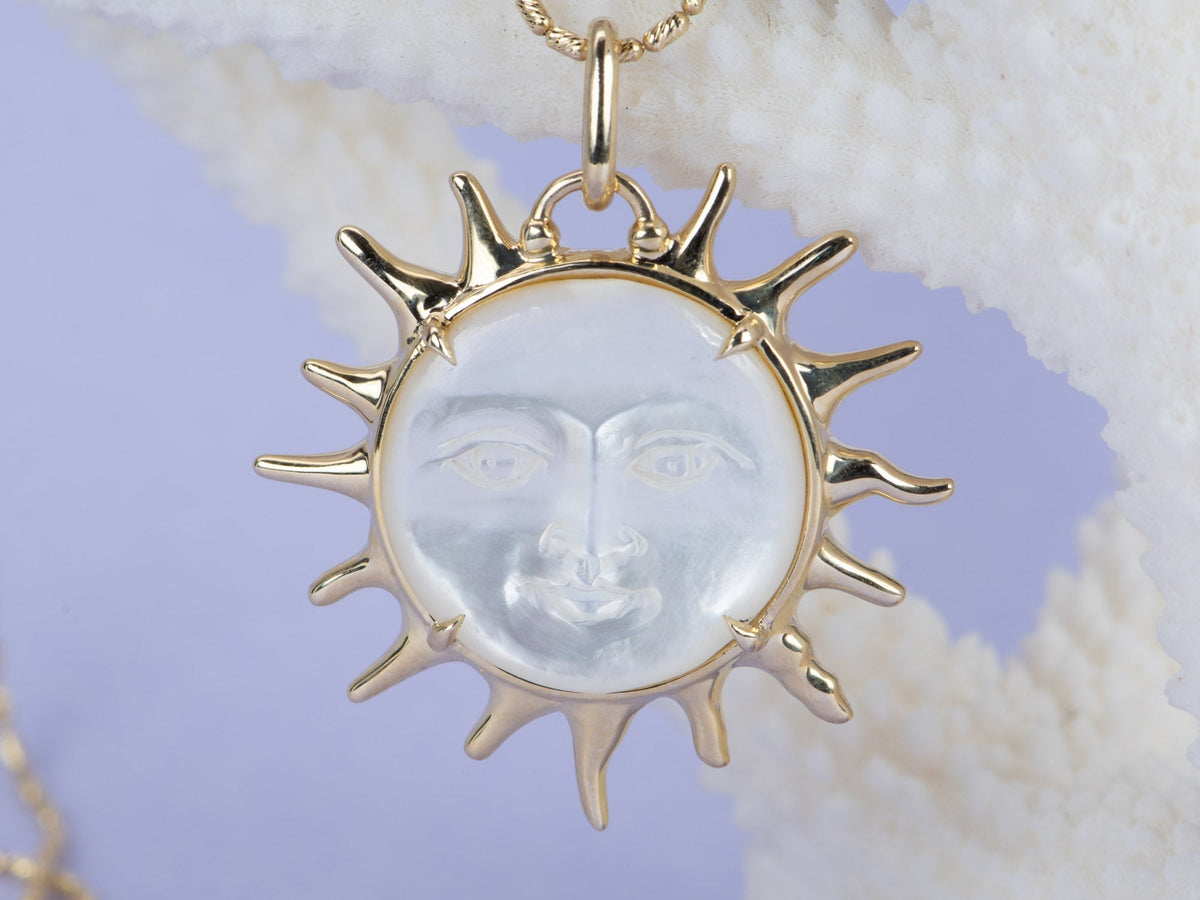 Large Mother of Pearl Carved Face with Sunray Golden Halo Pendant 9K Gold R4403 Aurora Designer