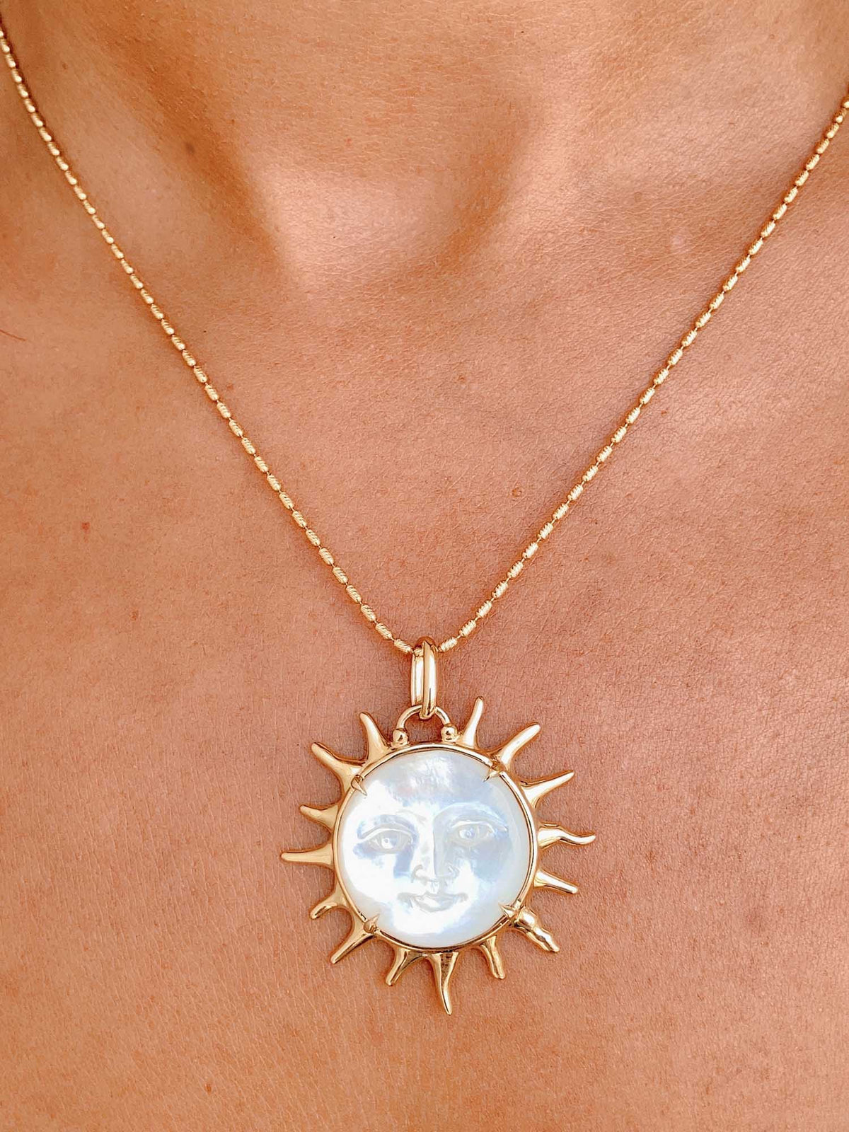 Large Mother of Pearl Carved Face with Sunray Golden Halo Pendant 9K Gold R4403 Aurora Designer