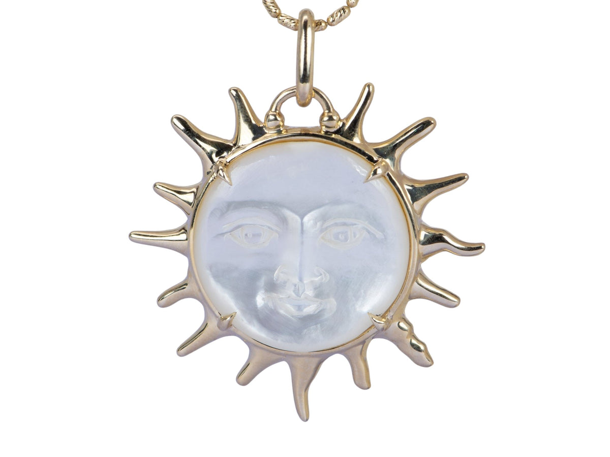 Large Mother of Pearl Carved Face with Sunray Golden Halo Pendant 9K Gold R4403 Aurora Designer