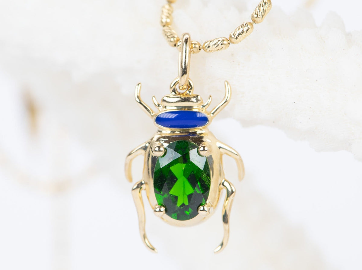 Bright Green Tourmaline and Blue Enamel Bug Pendant Charm 9K Gold R4404 Aurora Designer