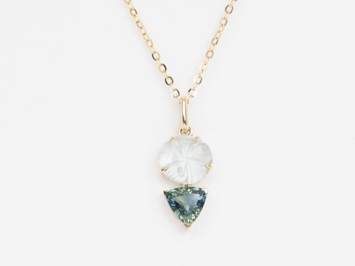 Teal Sapphire and Aquamarine Flower Carving Pendant 14K Gold R4408 Aurora Designer