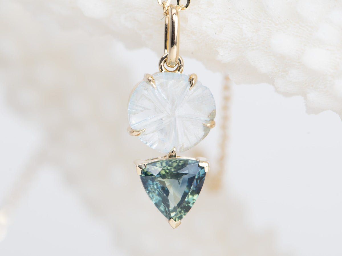 Teal Sapphire and Aquamarine Flower Carving Pendant 14K Gold R4408 Aurora Designer