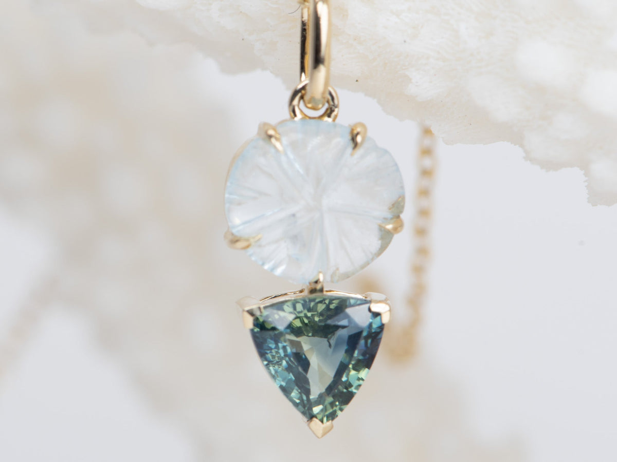 Teal Sapphire and Aquamarine Flower Carving Pendant 14K Gold R4408 Aurora Designer