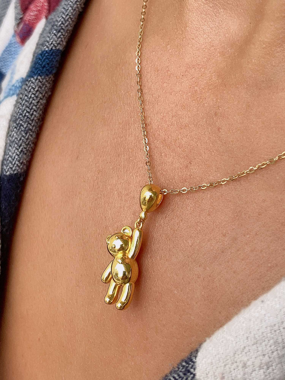 Teddy Bear with Balloon Charm Light Weight Hollow 18K Gold Pendant R4414 Aurora Designer