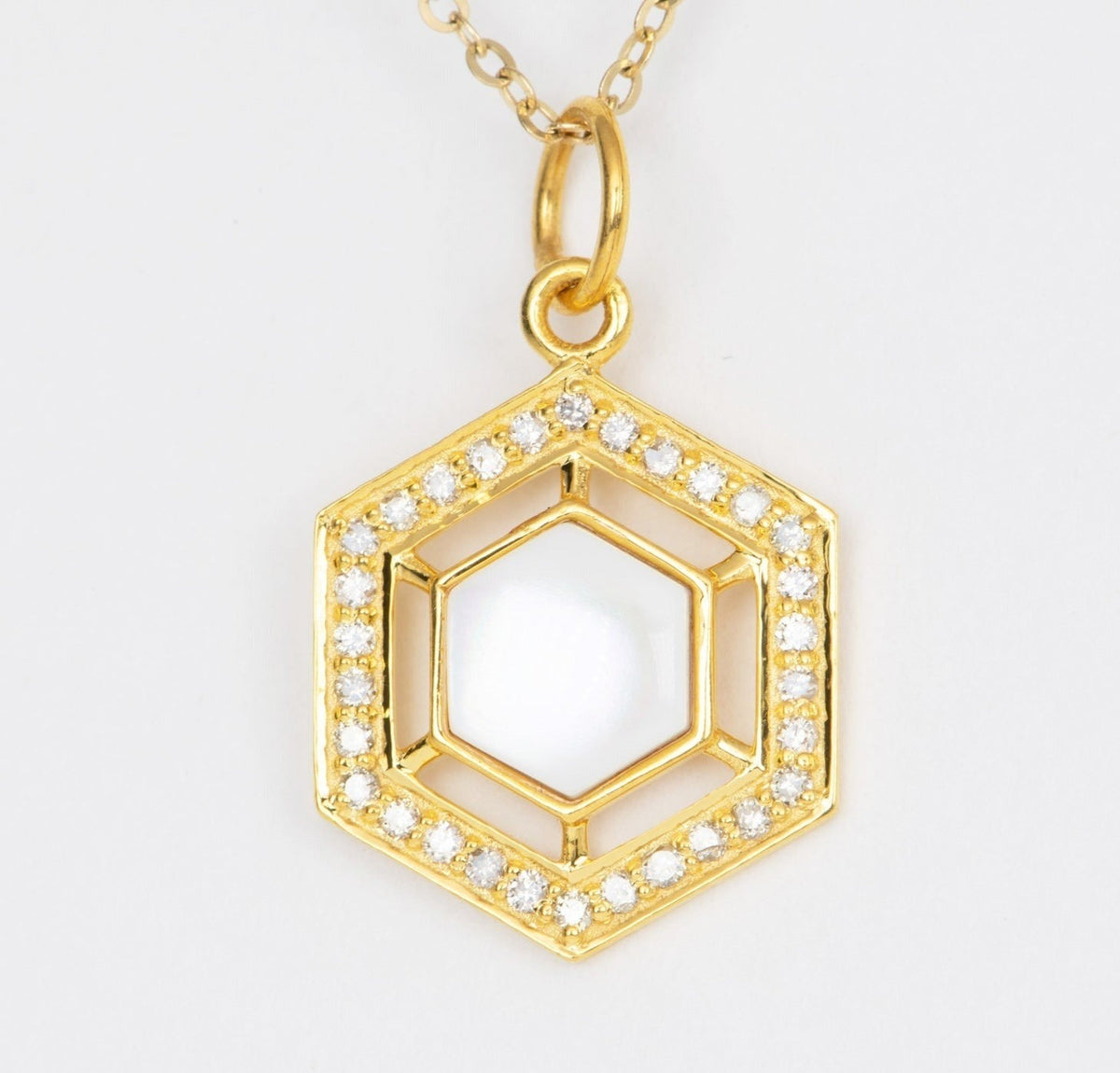 Hexagon Shaped Amulet with Mother of Pearl MOP Center and Diamond Halo 14K Gold R4435 Aurora Designer