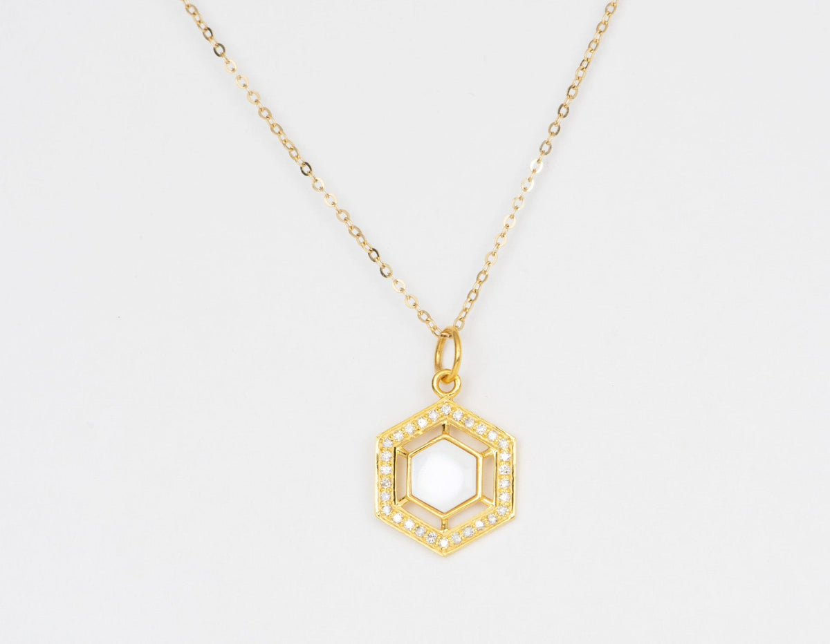 Hexagon Shaped Amulet with Mother of Pearl MOP Center and Diamond Halo 14K Gold R4435 Aurora Designer