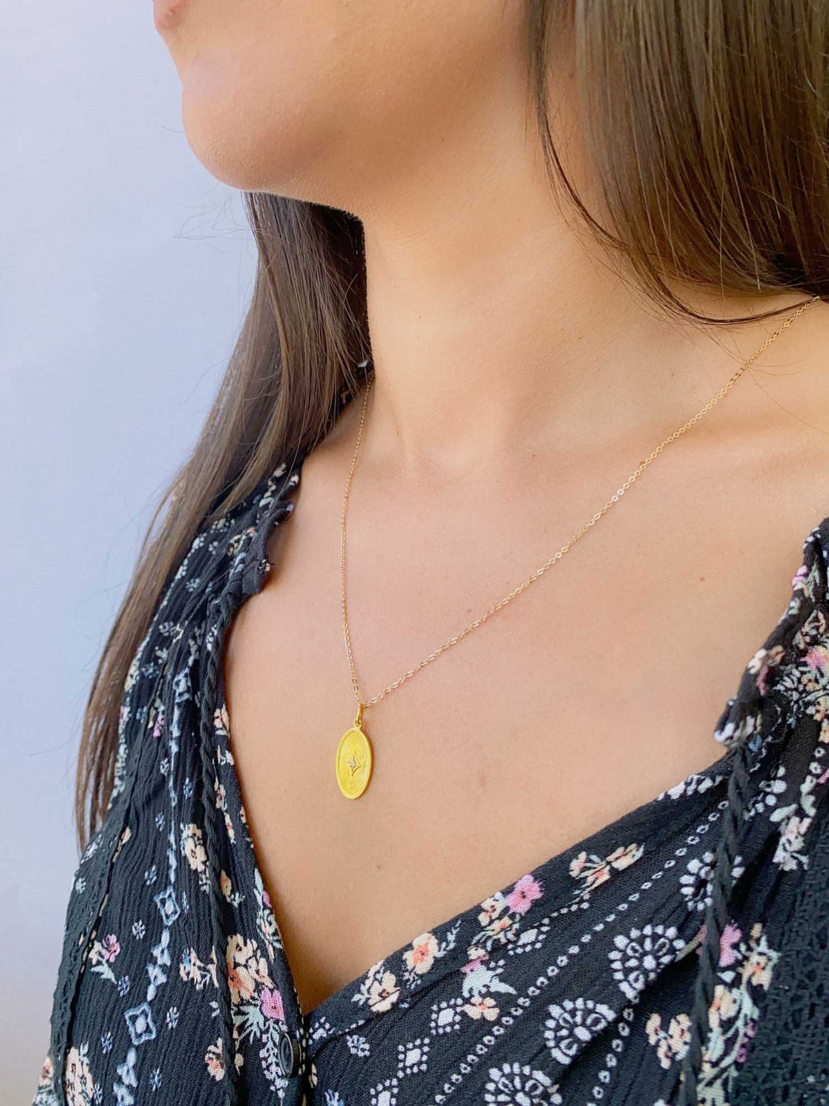 Oval Disk with Diamond Center Pendant Charm 14K Gold R4437 Aurora Designer