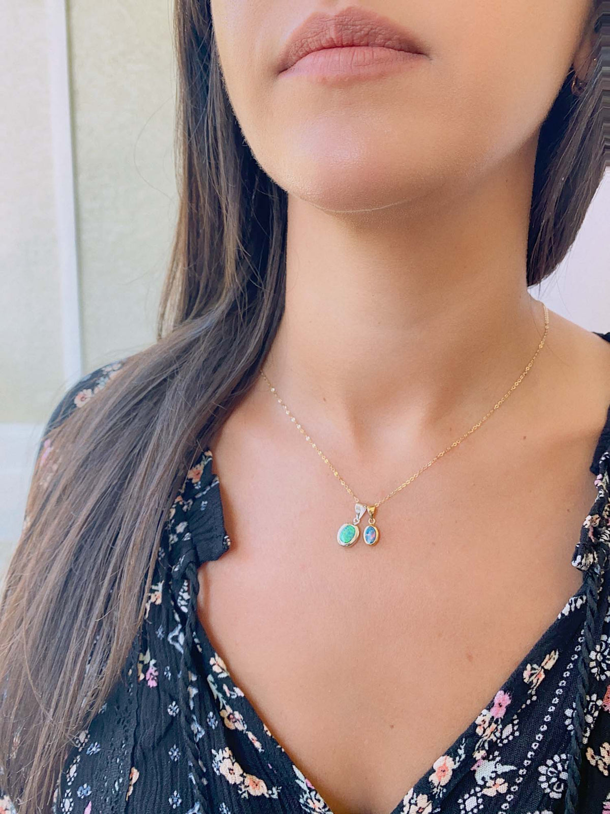 Small Opal Doublet Bezel Set Pendant Charm 14K Gold R4440 Aurora Designer