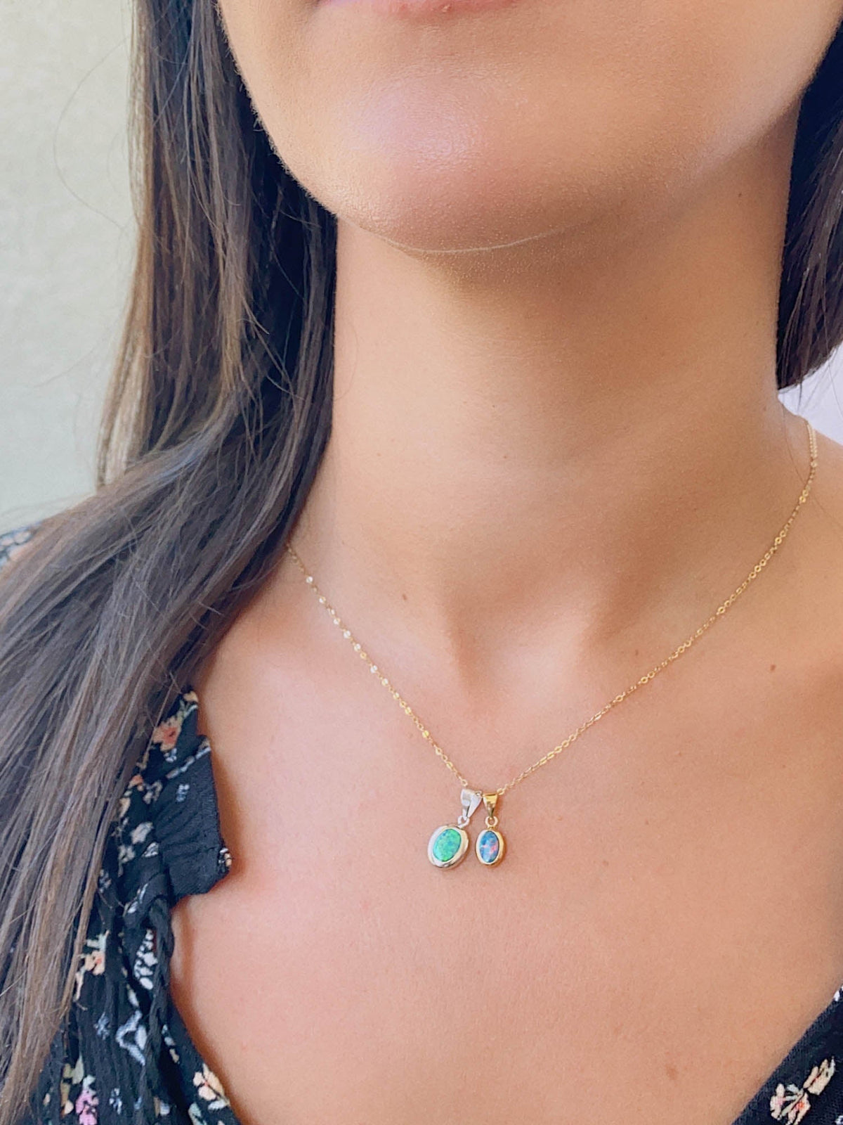 Small Opal Doublet Bezel Set Pendant Charm 14K Gold R4440 Aurora Designer