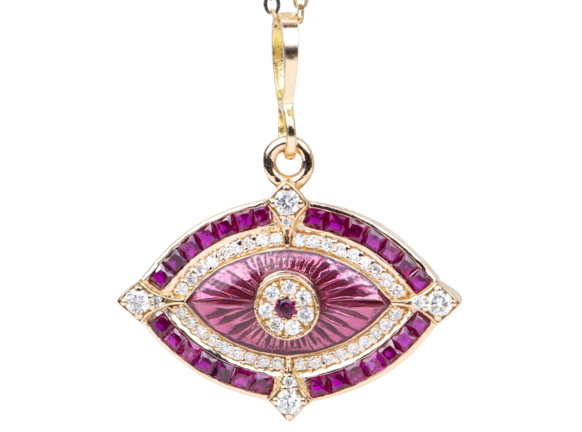 Ruby and Diamond Evil Eye Pendant Guilloche Enamel 18K Gold 4.96g
