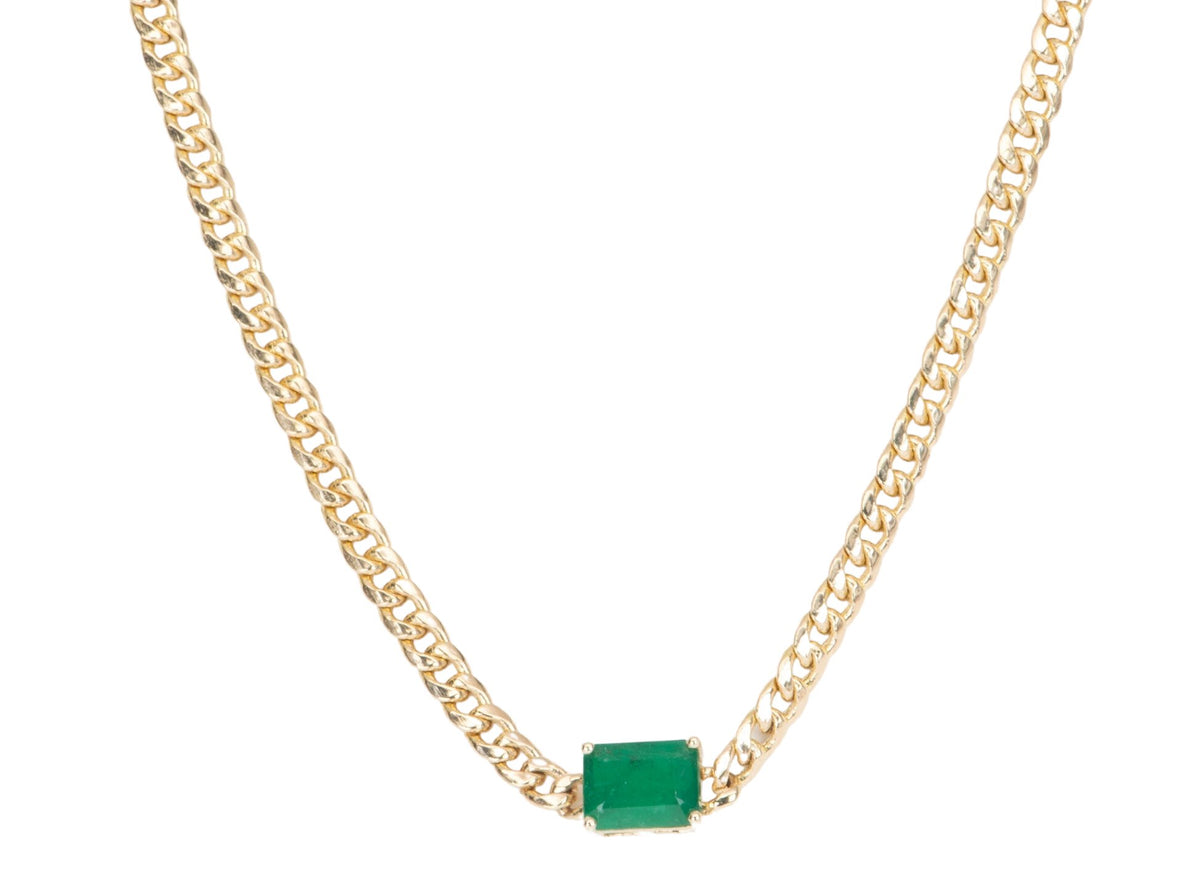 1.81ct Zambian Emerald Sideways Set Choker Necklace on Miami Cuban Chain 14K Gold R4476 Aurora Designer