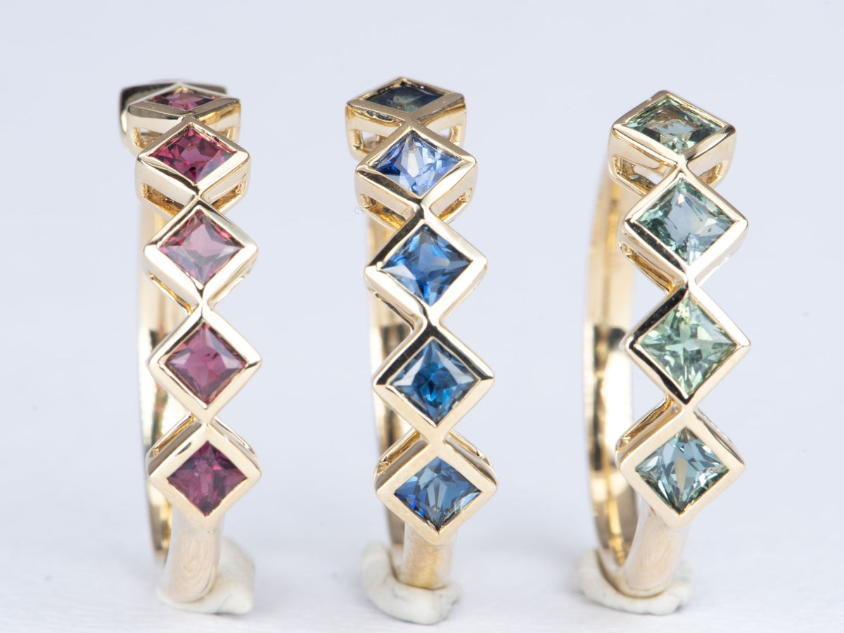 Square Sapphire Bezel Set Stacking Band 14K Gold OOAK Gift For Her R5058 Aurora Designer