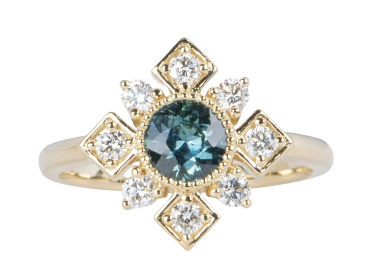 Teal Blue Montana Sapphire Diamond Halo 14K Yellow Gold Engagement Ring R6041 Aurora Designer